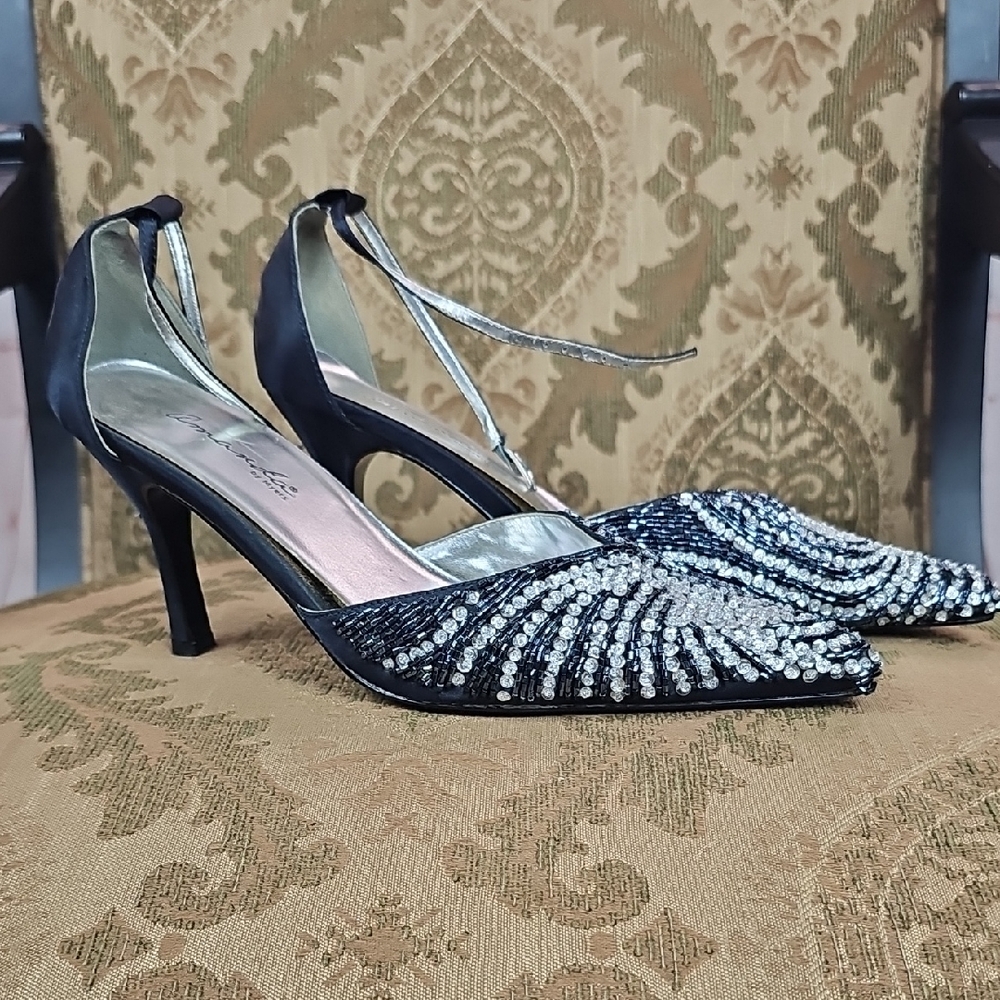 Black and Silver Stiletto Heels with Rhinestone Design